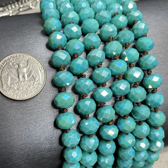 60" Gorgeous Teal Turquoise Blue Hand Knotted Glass Faceted Flapper Beads Vntg - Picture 6 of 10